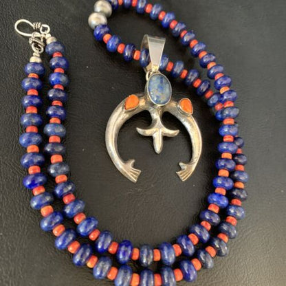 Navajo Blue Lapis Spiny Oyster Pendant Necklace | Authentic Native American Sterling Silver | Naja | 13707 - Masha USA