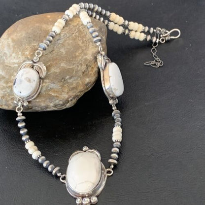 Navajo Pearls White Buffalo Turquoise Necklace Pendant | Sterling Silver | Authentic Native American Handmade | 10804 - Masha USA