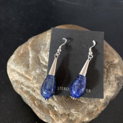 Navajo Lapis Lazuli Bead Dangle Earrings | Sterling Silver | 1" | Authentic Native American Handmade | 13330
