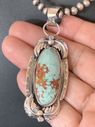 Men's Navajo Blue Dry Creek Turquoise Pendant | Sterling Silver Pearl Necklace | Native American Handmade | 12971