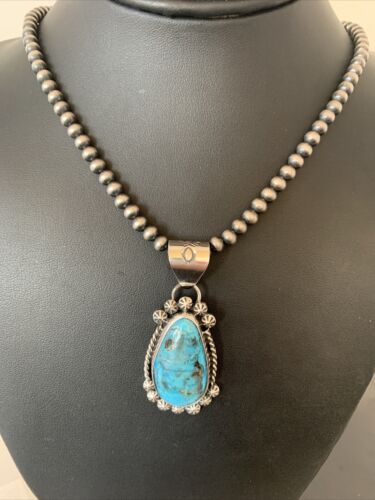 Men's Navajo Pearls Necklace with Blue Kingman Turquoise Pendant | Sterling Silver | Native American Handmade | 12962 - Masha USA