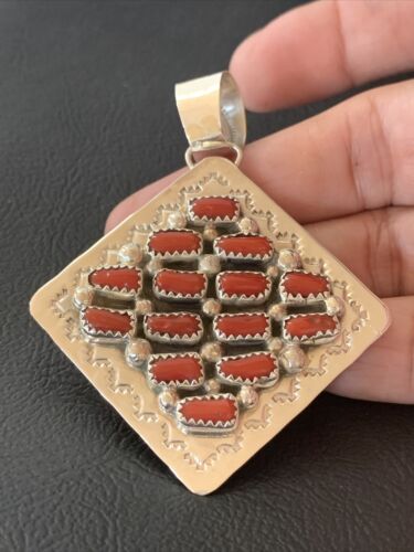 Navajo Red Coral and Multi-Stone Cluster Pendant | Authentic Native American Sterling Silver | 2" | 2101