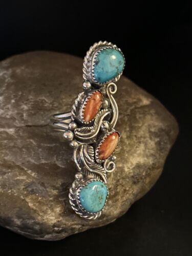 Navajo Turquoise Spiny Oyster Multi-Stone Ring | Authentic Native American Sterling Silver | Sz 8 | 14496