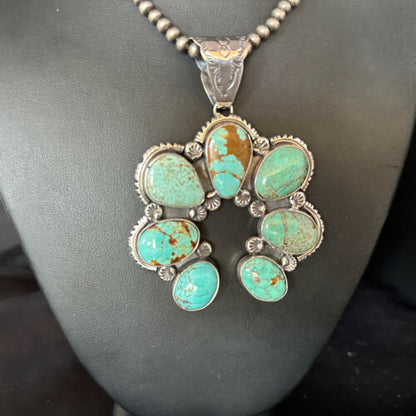 Navajo Blue #8 Turquoise Squash Blossom Necklace Pendant | Authentic Native American Sterling Silver | Naja | 14355