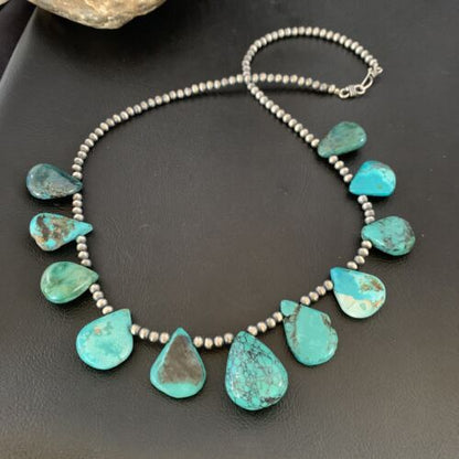 Southwestern Navajo Pearls Necklace | Sterling Silver | Blue Turquoise Teardrop | 13150
