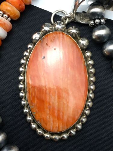Navajo Orange Spiny Oyster Pendant Necklace | Sterling Silver | Authentic Native American Handmade | 8687