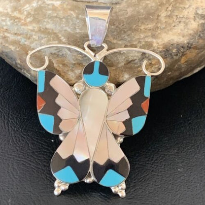 Zuni Blue Turquoise Coral Butterfly  Inlay Pendant | Sterling Silver Necklace | Authentic Native American Handmade | 11966