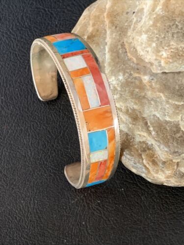 Zuni Orange Spiny Oyster Opal Inlay Cuff Bracelet | Sterling Silver | Authentic Native American Handmade | 14159