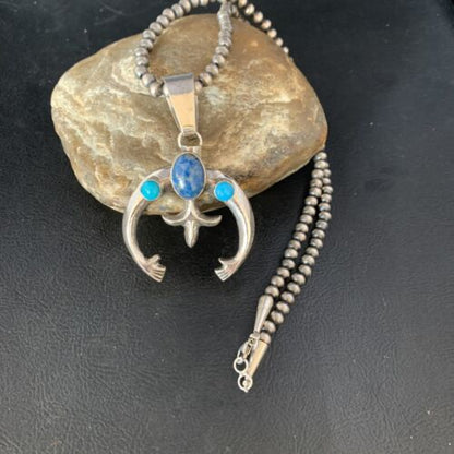 Navajo Sterling Silver Pendant Necklace | Denim Lapis & Turquoise | Authentic Native American Handmade | 13633