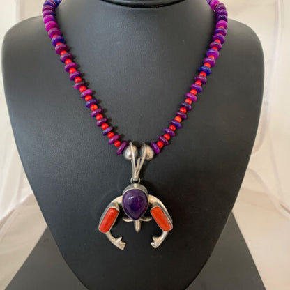 Navajo Sterling Silver Necklace with Purple Sugilite and Red Coral Naja Pendant | Authentic Native American Handmade | 02150