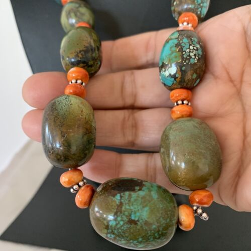 Navajo Green Turquoise & Orange Spiny Oyster Necklace | Sterling Silver | 23" | Authentic Native American Handmade | 1847