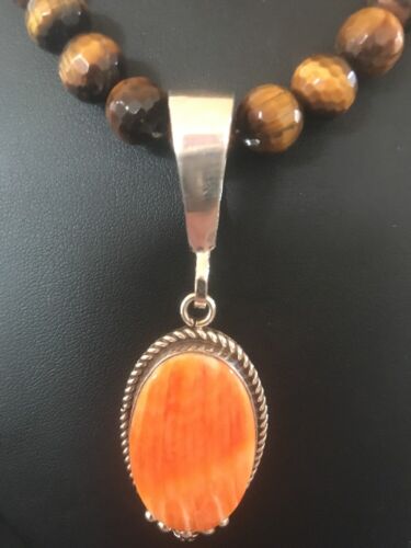 Navajo Spiny Oyster Pendant with Tigers Eye | Sterling Silver Necklace | Authentic Native American Handmade | 3652
