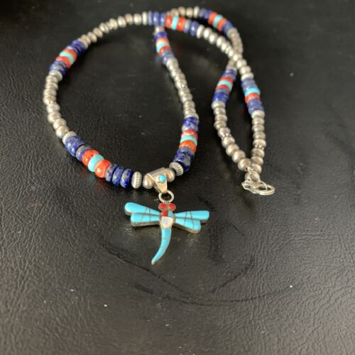 Navajo Dragonfly Pendant | Sterling Silver Turquoise Coral Multi-Color Inlay | Authentic Native American Handmade | 13515