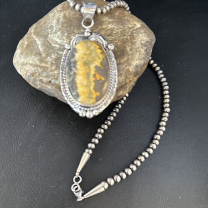 Navajo Bumblebee Jasper Pendant Necklace | Sterling Silver | Authentic Native American Handmade | 14247
