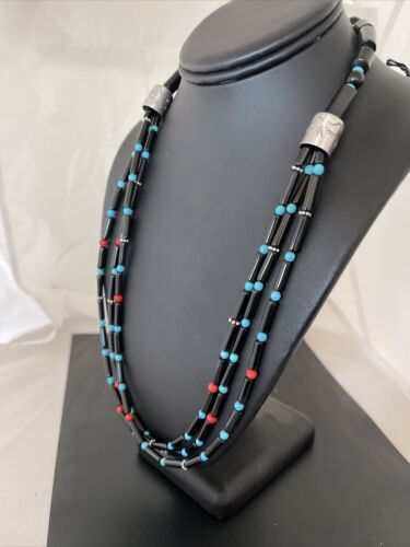 Navajo Black Onyx Coral Turquoise Bead Necklace | 3-Strand Sterling Silver | 24" | 1230