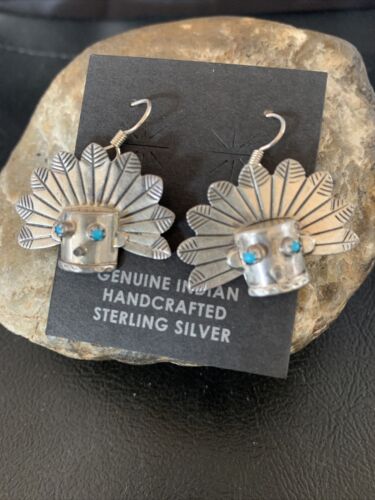 Old Pawn Native American Indian Head Dangle Earrings | Sterling Silver Blue Turquoise | 13037