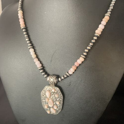 Navajo Pink Opal Beads Necklace | Multi-Stone Mother of Pearl Pendant | Sterling Silver | 13441