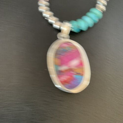 Navajo Pearls Sterling Silver Necklace with Turquoise and Purple Spiny Oyster Pendant | 13153