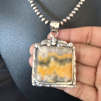 Navajo Bumblebee Jasper Pendant Necklace | Canary Yellow | Sterling Silver | Authentic Native American Handmade | 14249
