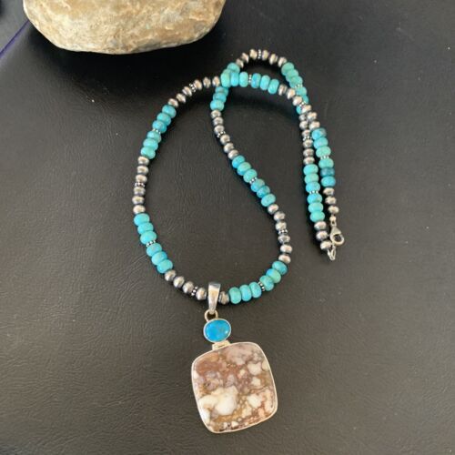 Men's Navajo Pearl Necklace | Sterling Silver | Blue Turquoise & Wild Horse Pendant | 11860