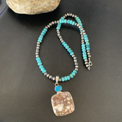 Men's Navajo Pearl Necklace | Sterling Silver | Blue Turquoise & Wild Horse Pendant | 11860
