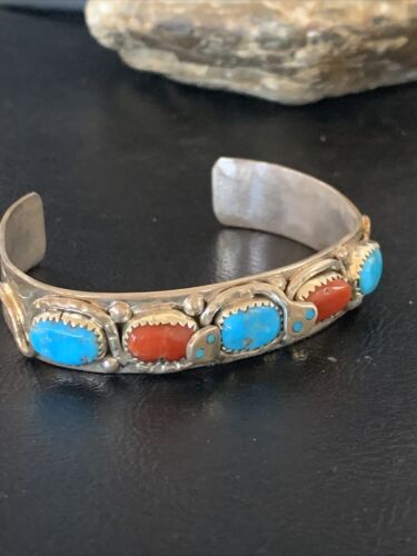 Navajo Sterling Silver Cuff Bracelet | Blue Kingman Turquoise & Coral | 5 Strand | Handmade | 12697