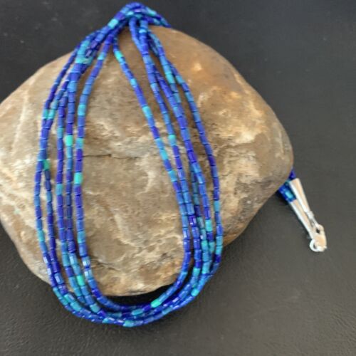 Blue Green Azurite Heishi Necklace | 5 Strand Stabilized Sterling Silver Pendant | 12930