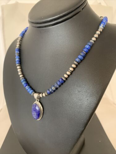 Navajo Pearls Lapis Pendant Necklace | Sterling Silver | Native American Handmade | 01775