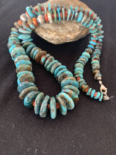 Navajo Pearls Natural Blue Turquoise & Spiny Oyster Necklace | Sterling Silver | Graduated | Authentic Native American | 28" | 00381