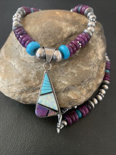 Navajo Purple Sugilite Turquoise Inlay Pendant | Sterling Silver Necklace | Authentic Native American Handmade | 02086