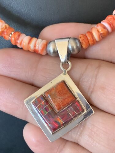 Navajo Pearls Red Spiny Oyster Opal Inlay Pendant Necklace | Sterling Silver | 22" | 12706