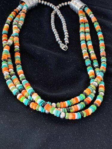 Navajo Green Turquoise, Lapis & Spiny Oyster Necklace | Sterling Silver | Authentic Native American Handmade | 3238