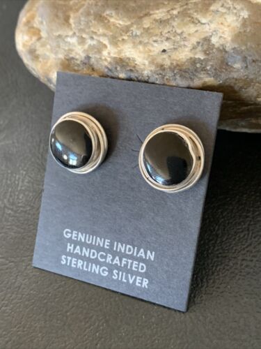Navajo Black Onyx Stud Post Earrings | Sterling Silver | 0.5" | Authentic Native American Handmade | 12642