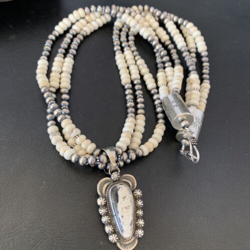 Navajo White Buffalo Turquoise Pendant Necklace | Sterling Silver | 3-Strand | Authentic Native American Handmade | 10642