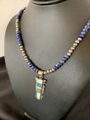 Navajo Pearls Necklace with Blue Lapis & White Opal Inlay Pendant | Sterling Silver | 11631