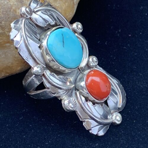 Navajo Royston Turquoise & Coral Ring | Authentic Native American Sterling Silver | Multi-Stone | Sz 8 | 01810