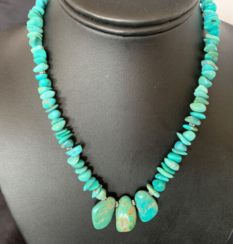 Navajo Blue Green Turquoise Necklace | Sterling Silver | 16" | Authentic Native American Handmade | 12913