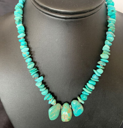 Navajo Blue Green Turquoise Necklace | Sterling Silver | 16" | Authentic Native American Handmade | 12913