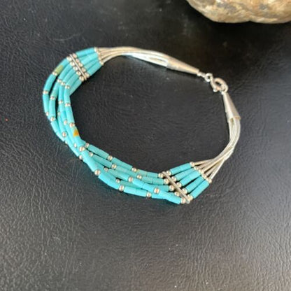 Navajo Blue Green Turquoise Heishi Sterling Silver Bracelet | 5-Strand | 8" | 13617