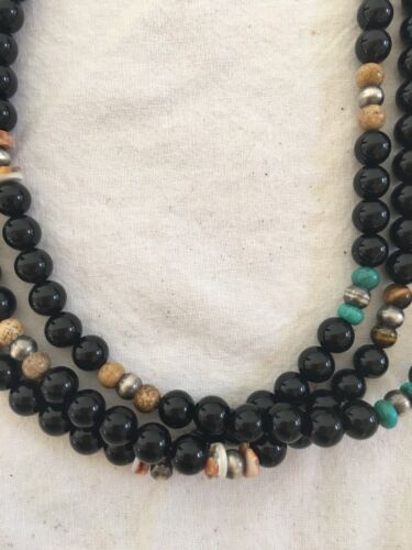 Turquoise Black Onyx 3 Strand Navajo Sterling Silver Necklace | Native American | 21" |  319
