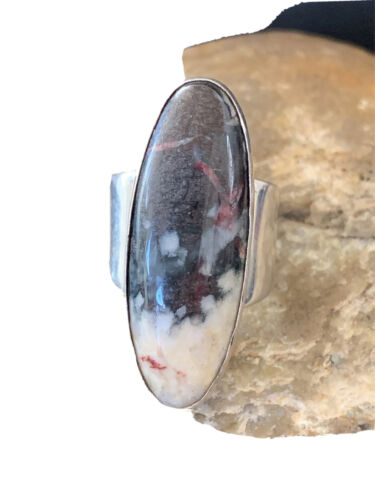Navajo Men's White Black Cinnabrite Ring | Sterling Silver | Sz 7.5 | Authentic Native American Handmade | 1556