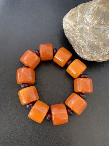 Southwestern Stretch Bracelet Set | Yellow Gold | Red Fossil Amber Stones | Authentic Native American Handmade | 10635