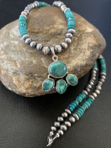Navajo Pearl Necklace with Blue Cluster Turquoise and Multi-Stone Pendant | Authentic Native American Sterling Silver | 12546