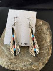 Navajo Multi-Color Turquoise Coral Lapis Inlay Earrings | Sterling Silver | 1.5" | 1710
