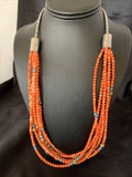 Navajo Pink Coral 5-Strand Turquoise Bead Necklace | Sterling Silver | 25" | Authentic Native American Handmade | 12510