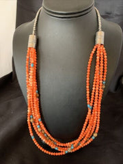 Navajo Pink Coral 5-Strand Turquoise Bead Necklace | Sterling Silver | 25" | Authentic Native American Handmade | 12510