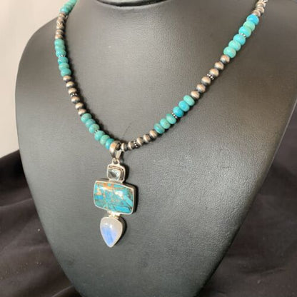Navajo Pearls Necklace with Blue Mojave Turquoise Moon Pendant | Authentic Native American Sterling Silver | Multi-Stone | 11867