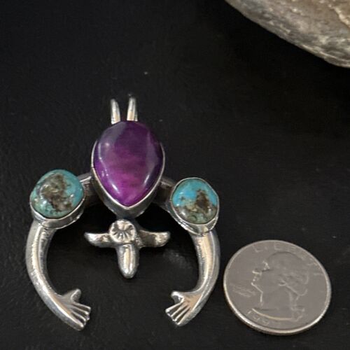 Navajo Sterling Silver Blue Turquoise Purple Sugilite Naja Pendant | Authentic Native American Handmade | 14673