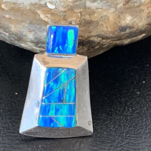 Authentic Native American Navajo Sterling Silver Blue Opal Inlay Pendant | Handmade Jewelry | 13339