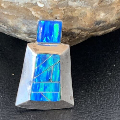 Authentic Native American Navajo Sterling Silver Blue Opal Inlay Pendant | Handmade Jewelry | 13339